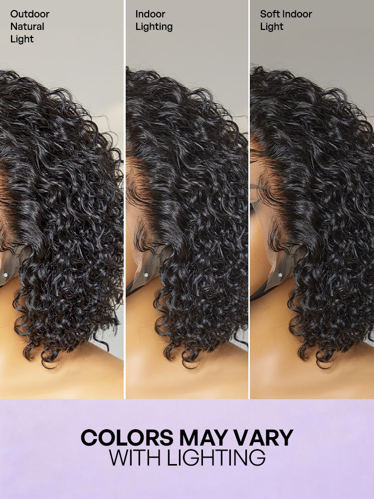 Luvme Hair ultra natural short curly wig with slicked back style, glueless, ear-to-ear wide T lace front for a seamless look
