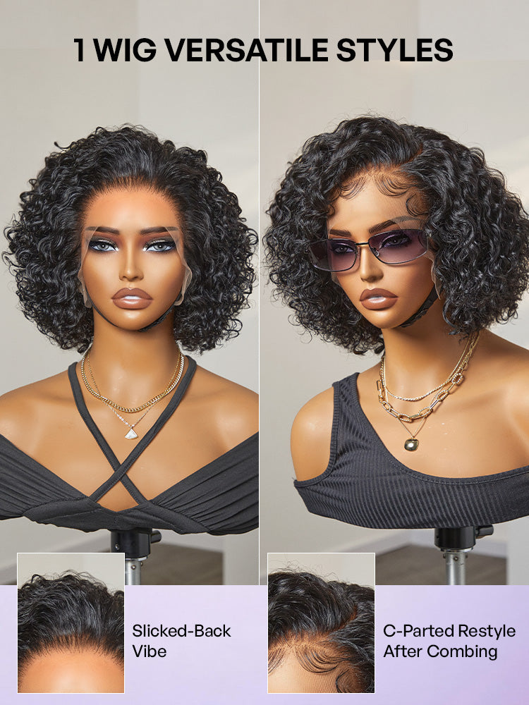 Luvme Hair ultra natural short curly wig with slicked back style, glueless ear-to-ear wide T lace front wig, realistic hairline.