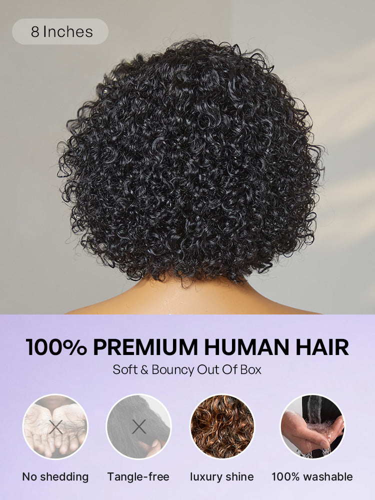 Luvme Hair ultra natural slicked back short curly wig with glueless ear-to-ear wide T lace front, natural curly hairstyle.