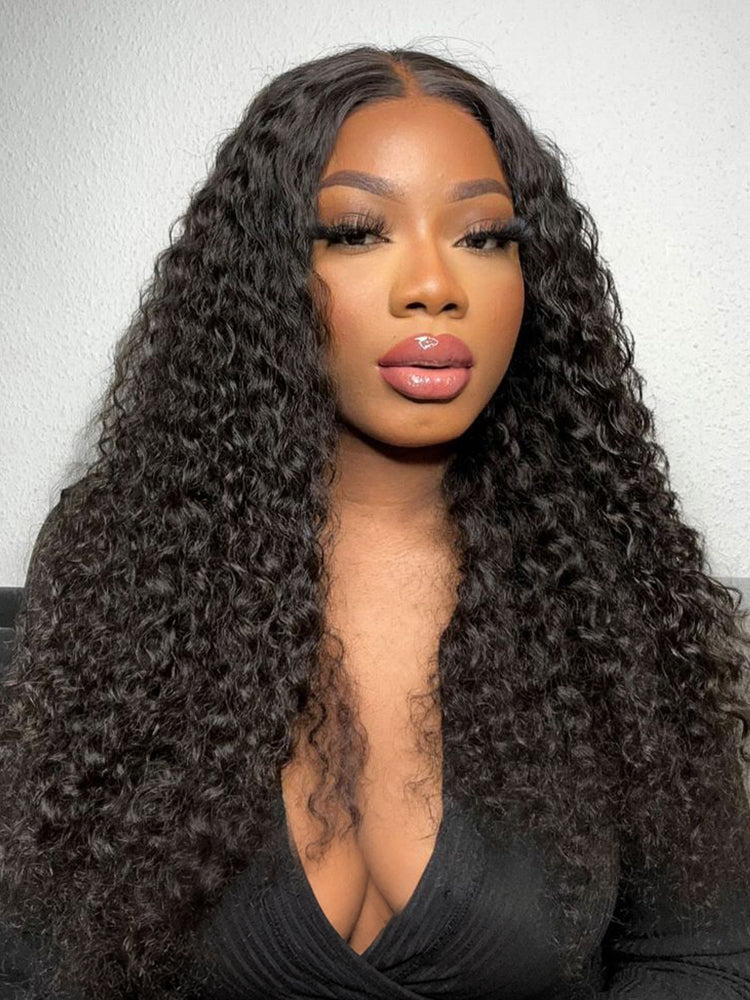 Deep Wave 4x4 Closure Lace Glueless Mid Part Long Curly Wig 100% Human Hair - US Only-12