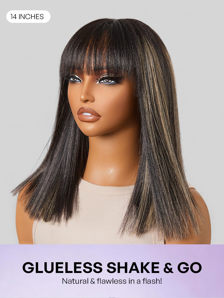 Luvme Hair blond highlight Yaki straight blunt cut bob wig with bangs, minimal lace, short style, ready to wear.