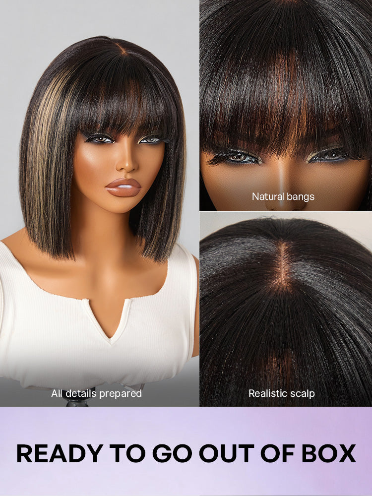 Luvme Hair blonde highlight yaki straight blunt cut bob wig with bangs, glueless lace short wig for easy wear