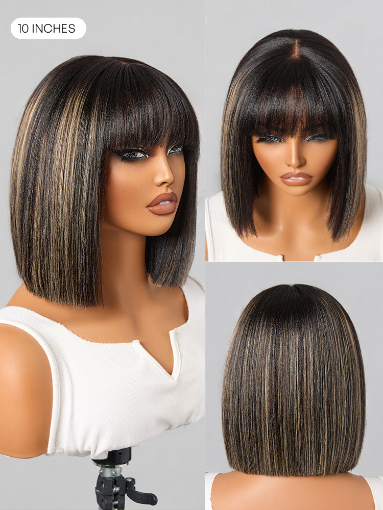 Blonde Yaki straight blunt cut bob wig with bangs, glueless lace, minimalistic style, by Luvme Hair.