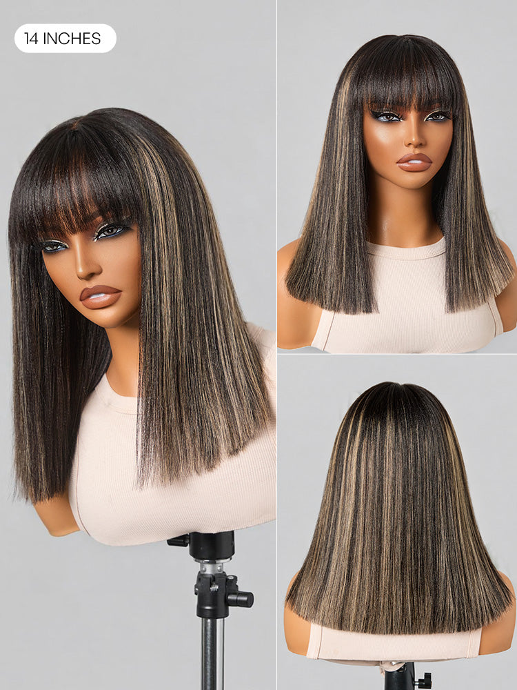 Luvme Hair blonde highlight Yaki straight blunt cut bob wig with bangs, glueless, minimalist lace, short style, natural look