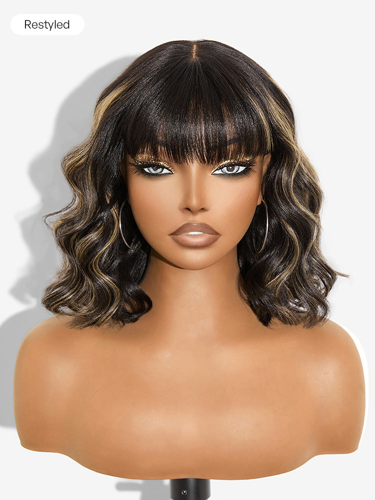 Blonde yaki straight bob wig with blunt cut, bangs, and lace front, made by Luvme Hair, styled with a sleek, minimalistic look