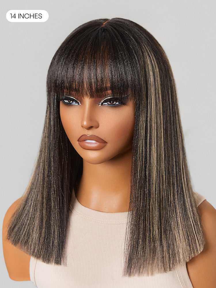 Luvme Hair blonde highlight Yaki straight bob wig with blunt cut, bangs, glueless lace, short and minimalist style.