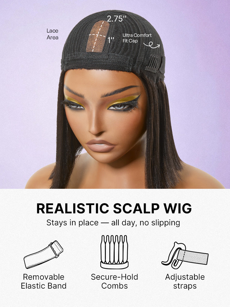 Blonde yaki straight bob wig with blunt cut and bangs, glueless lace short wig from Luvme Hair with a put-on and go style.