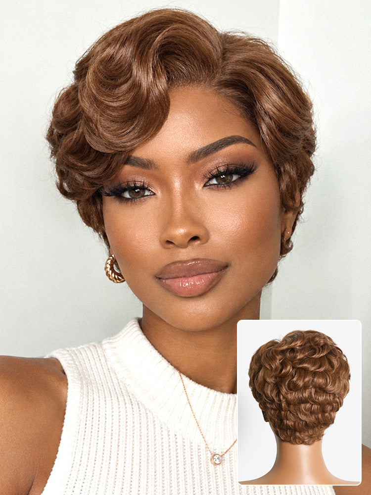 Luvme Hair caramel brown short pixie wig with HD lace, glueless, minimalistic, and pre-cut lace for a stylish, easy-to-wear look.