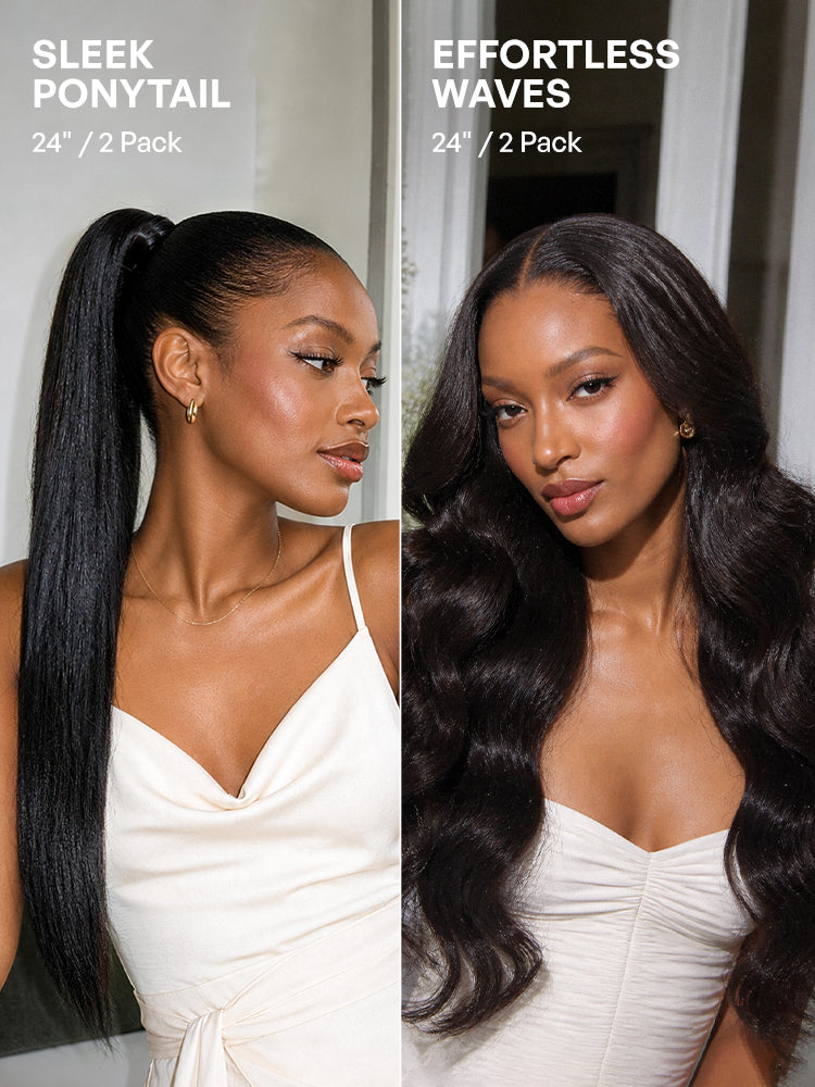 Luvme Hair Yaki Straight Zero Trace Airysoft clip-in hair extensions in 110g with seamless blend and soft texture.