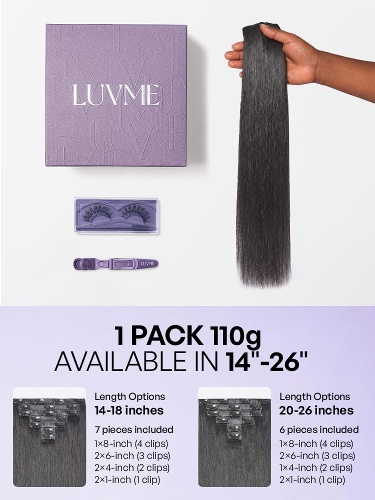 Luvme Hair Yaki Straight Zero Trace Airysoft clip-in hair extensions, seamless blend, soft texture, 110g upgraded lightweight design