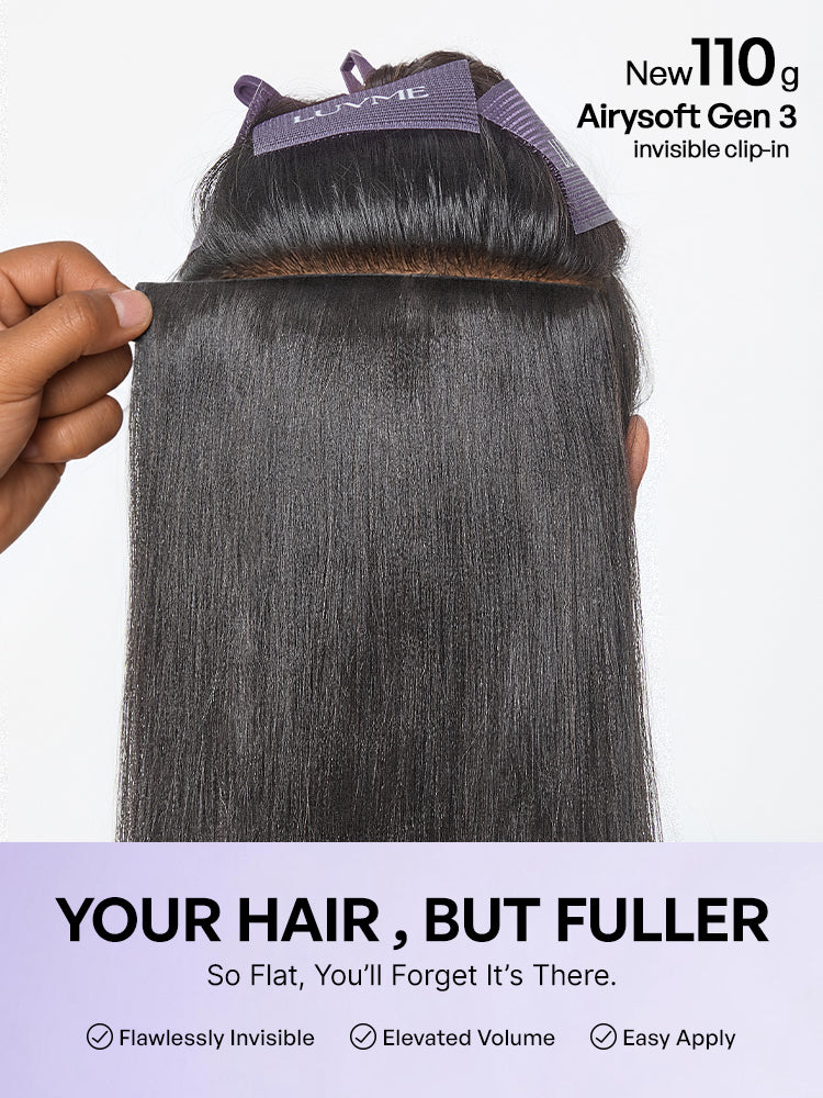 Luvme Hair Yaki Straight Zero Trace Airysoft clip-in hair extensions in natural black, seamless blend, soft, 110g weight.