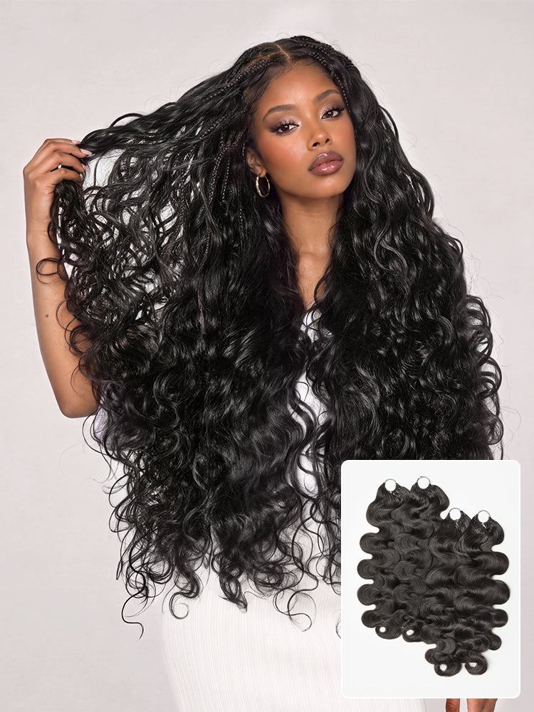 Luvme Hair Miracle Knots crochet hair in body wave style, showcasing lightweight pre-looped human hair extensions for boho braids