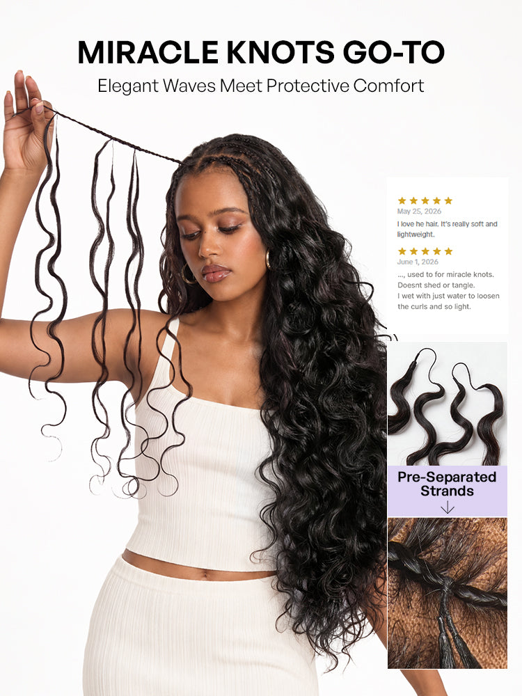 Luvme Hair Miracle Knots crochet hair in body wave style with pre-looped, lightweight soft extensions for boho braids and protective styles.