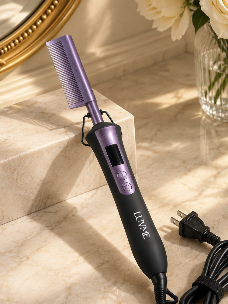 LUVME Electric Hot Comb with black handle and metal teeth, displaying heat settings and temperature up to 500°F for styling.