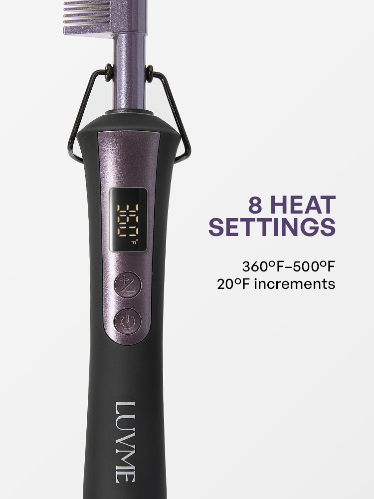 LUVME Electric Hot Comb with black handle, displaying 8 heat settings and digital temperature display for fast styling.
