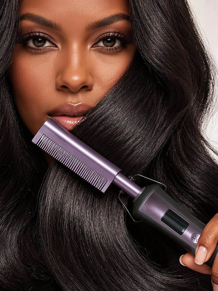 LUVME Electric Hot Comb with black handle and metal teeth, showing quick heating and adjustable heat settings up to 500°F.
