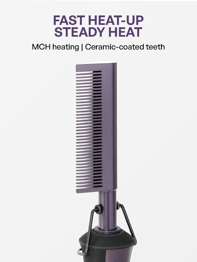LUVME Electric Hot Comb with black handle and metal teeth, showing adjustable heat settings and up to 500°F temperature.