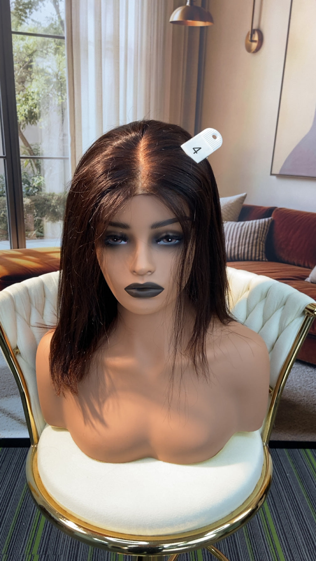 Luvme Hair live outlet wig with natural black straight hair, showcasing a full head wig on a mannequin head.