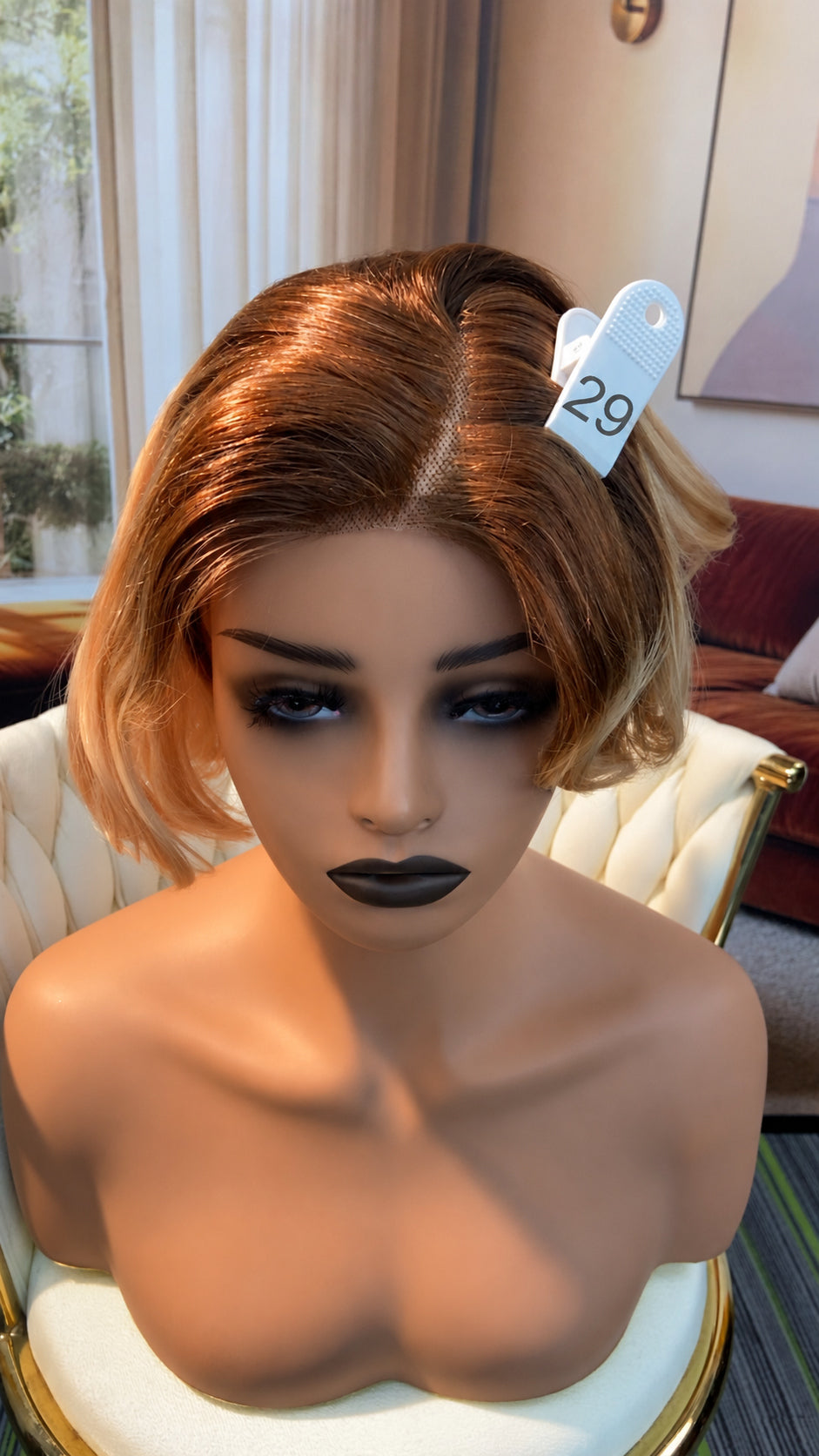 Luvme Hair live outlet wig in natural black, styled with long, wavy hair, showcasing a high-quality synthetic or human wig.