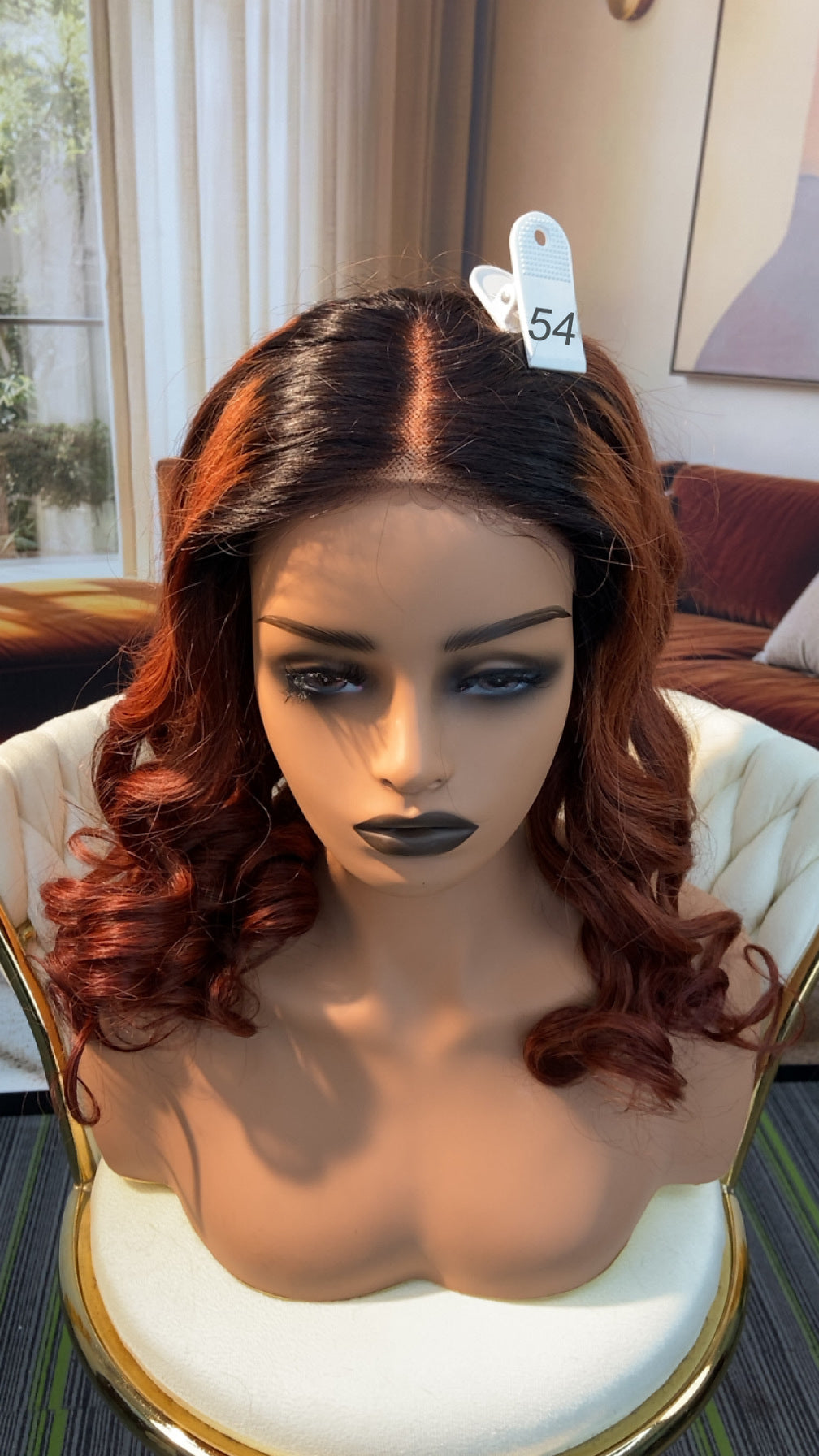 Luvme Hair live outlet wig with natural black straight hair, styled with a middle part and soft waves, showcasing a versatile wig look.