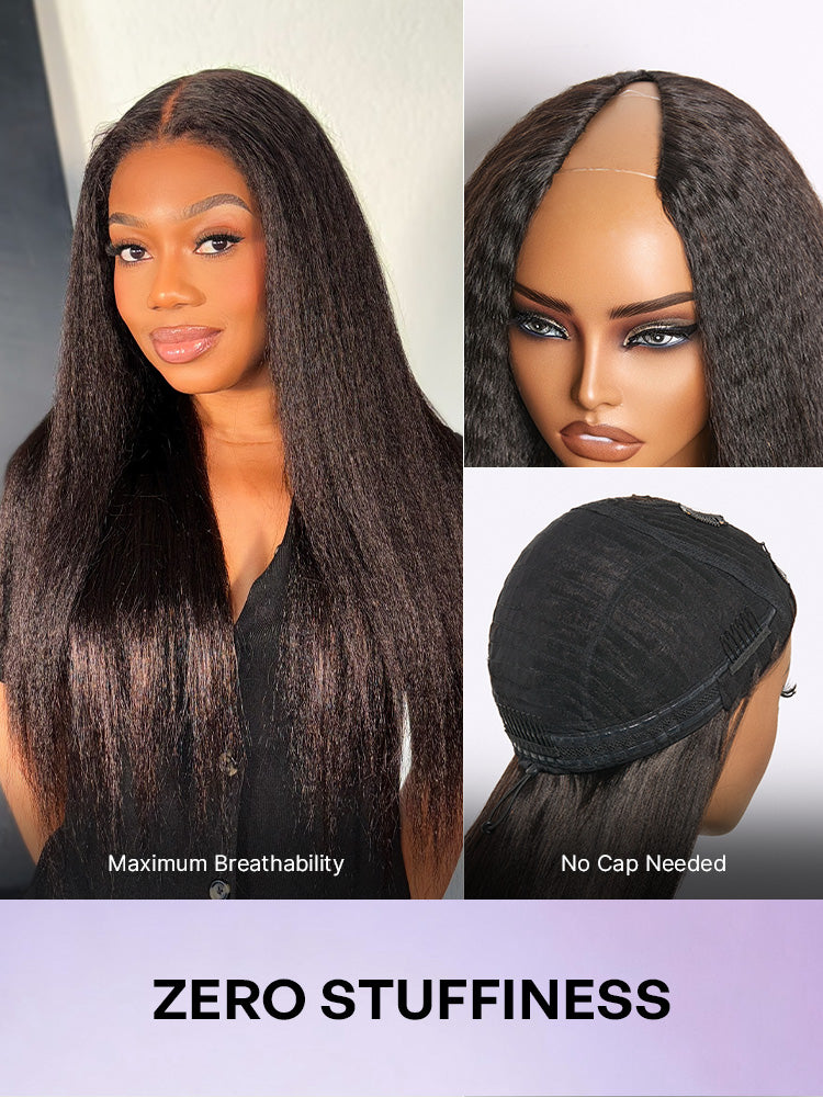 Luvme Hair True Scalp Kinky Straight V Part Glueless Human Hair Wig with flexi-fit drawstring, showcasing the wig's natural texture and fit.