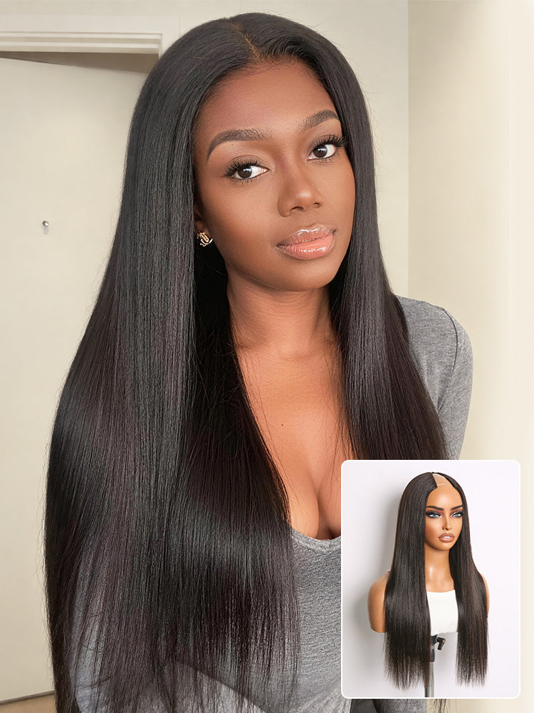 Luvme Hair True Scalp Yaki Straight V Part glueless human hair wig with flexi-fit drawstring, natural straight kinky straight style