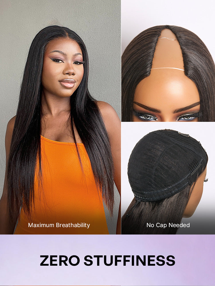 Luvme Hair True Scalp Yaki Straight/Kinky Straight V Part glueless human hair wig with drawstring, flexible fit, and natural hair texture