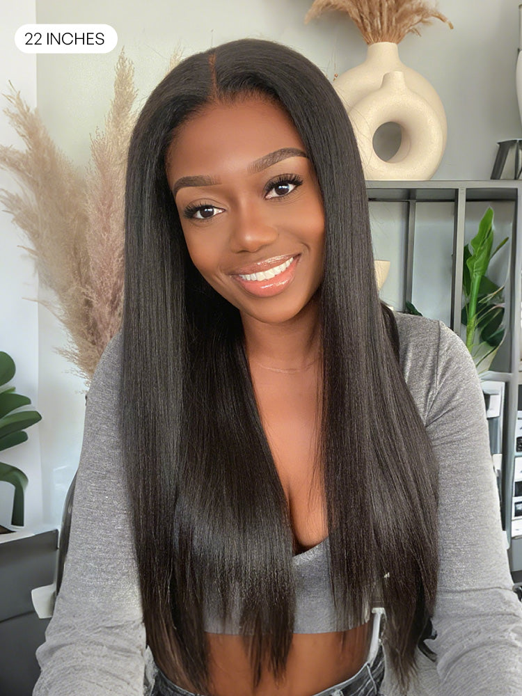 Luvme Hair True Scalp Yaki Straight V Part glueless human hair wig with flexible drawstring, natural hairline and kinky straight texture