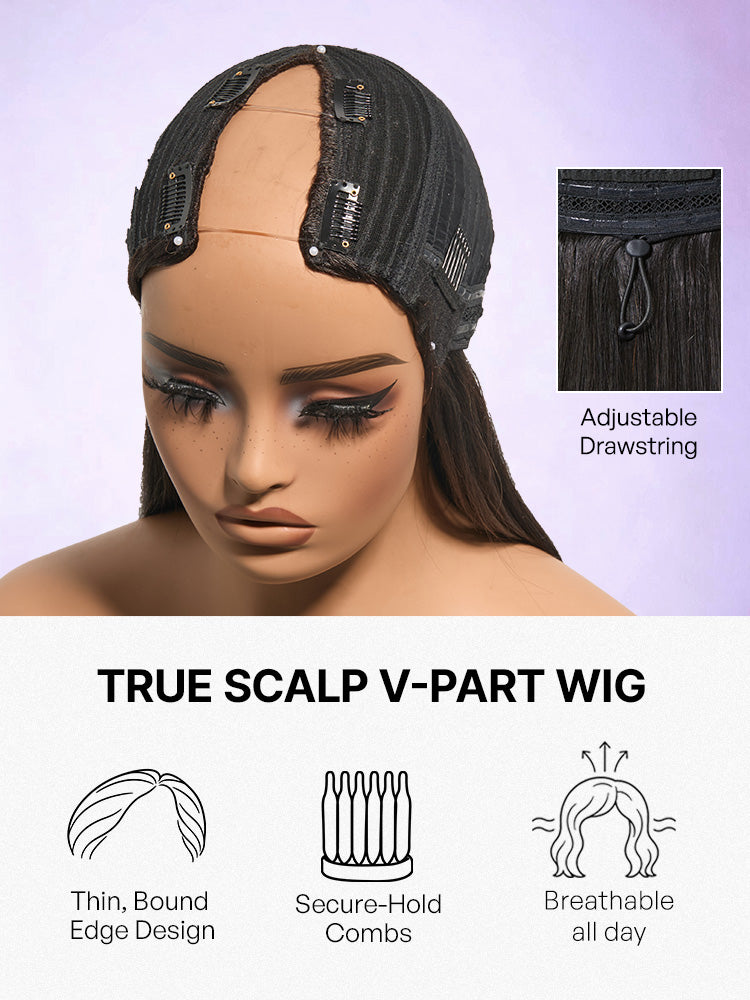 Luvme Hair True Scalp Yaki Straight/Kinky Straight V Part glueless human hair wig with flexi-fit drawstring, natural scalp appearance