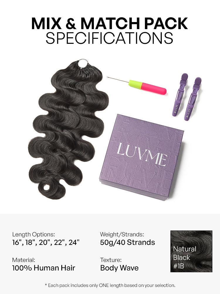 Luvme Hair Miracle Knots crochet hair with body wave texture, lightweight pre-looped human hair extensions for boho braids and twists.