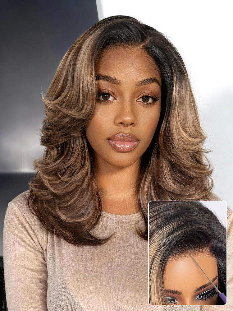 Layered caramel brown highlight lace wig with wavy texture, glueless design, and pre-cut minimal lace from Luvme Hair.