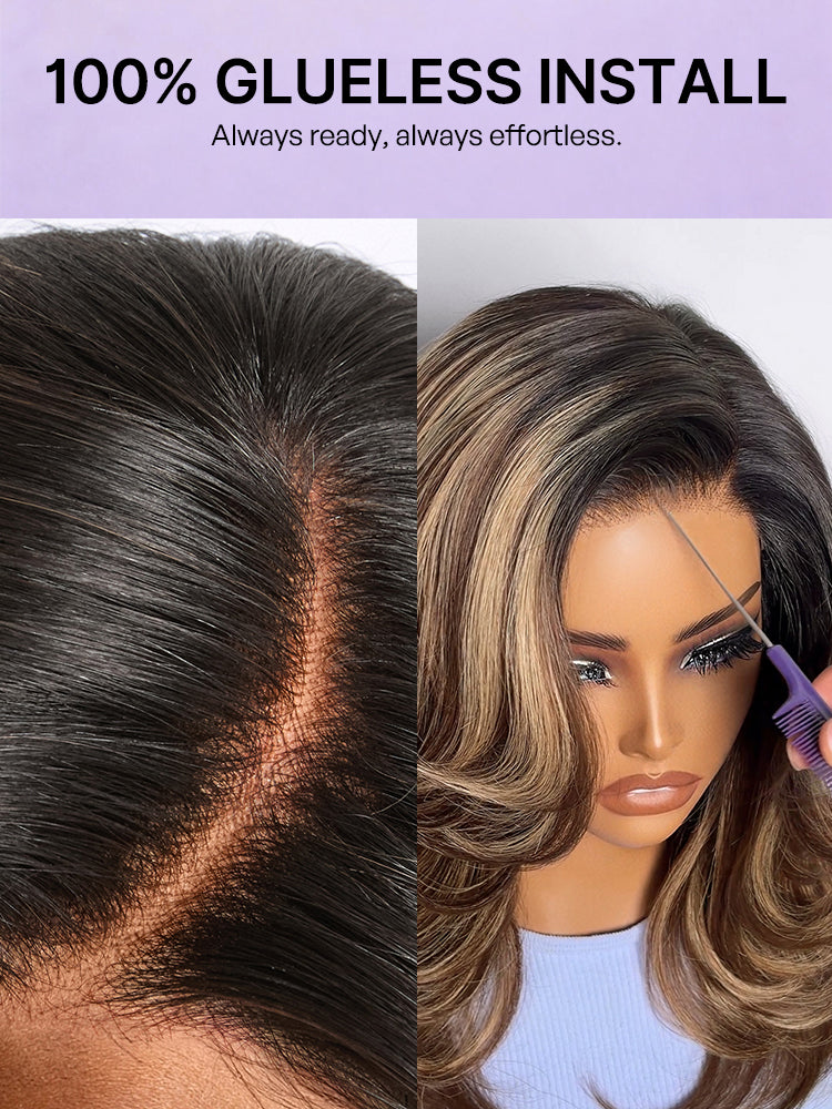 Caramel brown layered wavy lace wig by Luvme Hair with highlight details, glueless HD minimal lace, pre-cut for a natural look.