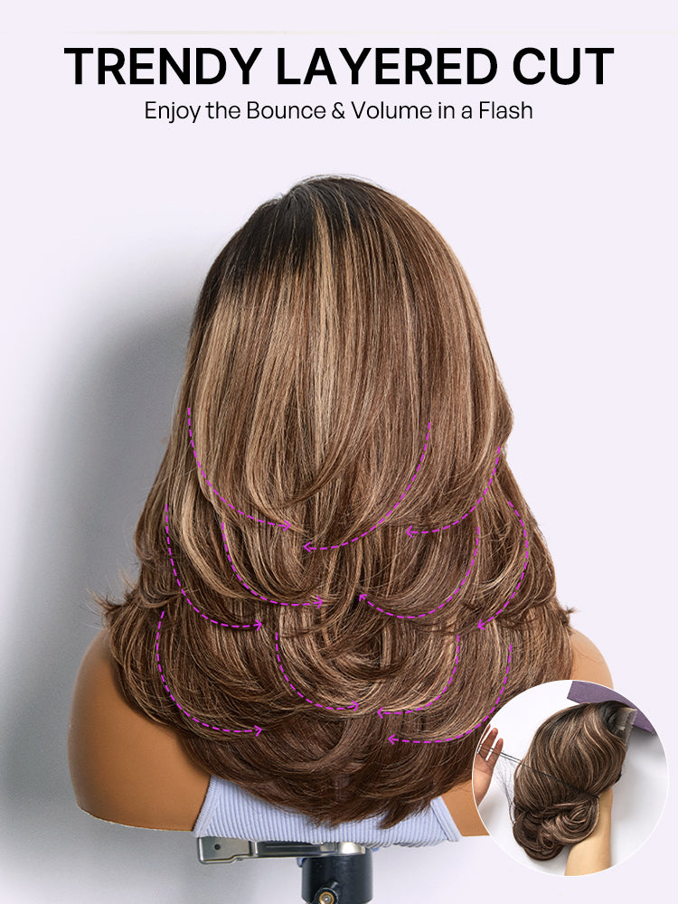 Caramel brown layered wavy lace wig with highlights, glueless HD minimal lace, pre-cut by Luvme Hair.