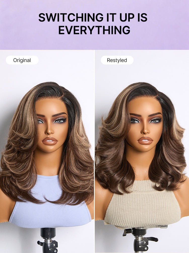 Luvme Hair caramel brown layered wavy lace wig with highlights, glueless HD minimalistic design, pre-cut for easy wear.