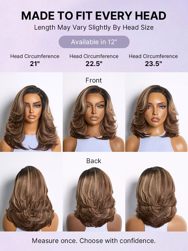 Caramel brown layered wavy lace wig by Luvme Hair, glueless HD minimalistic design with pre-cut style and natural highlights.
