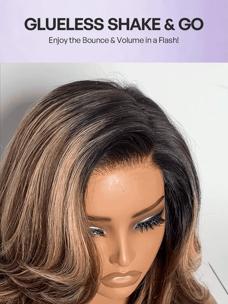 Luvme Hair caramel brown layered wavy lace wig with highlights, glueless HD minimalistic design, pre-cut for easy wear