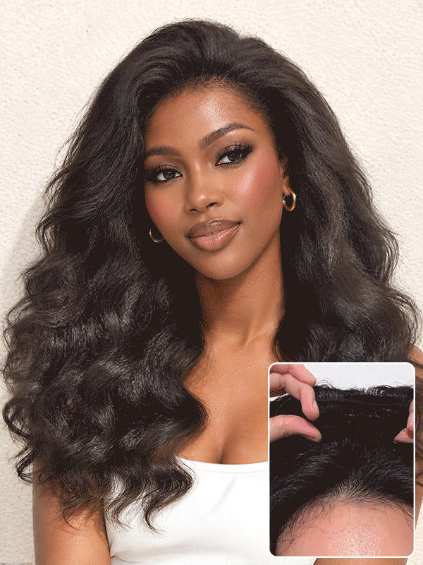 Luvme Hair fluffy kinky body wave half wig with 200% density, flexi-fit, drawstring, glueless design, natural hair texture.