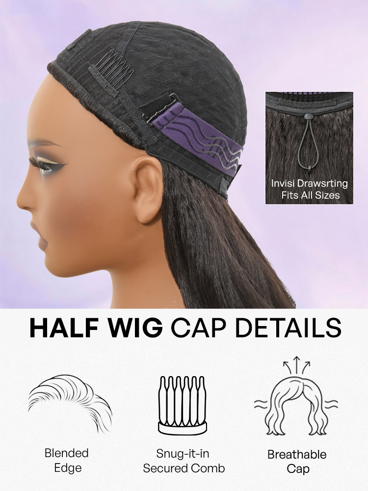 Luvme Hair fluffy full 200% density kinky body wave flexi-fit drawstring glueless half wig on a mannequin head.