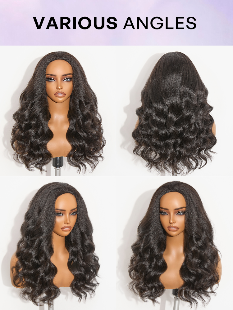 Luvme Hair fluffy 200% density kinky body wave half wig with drawstring, flexible fit, and glueless design.