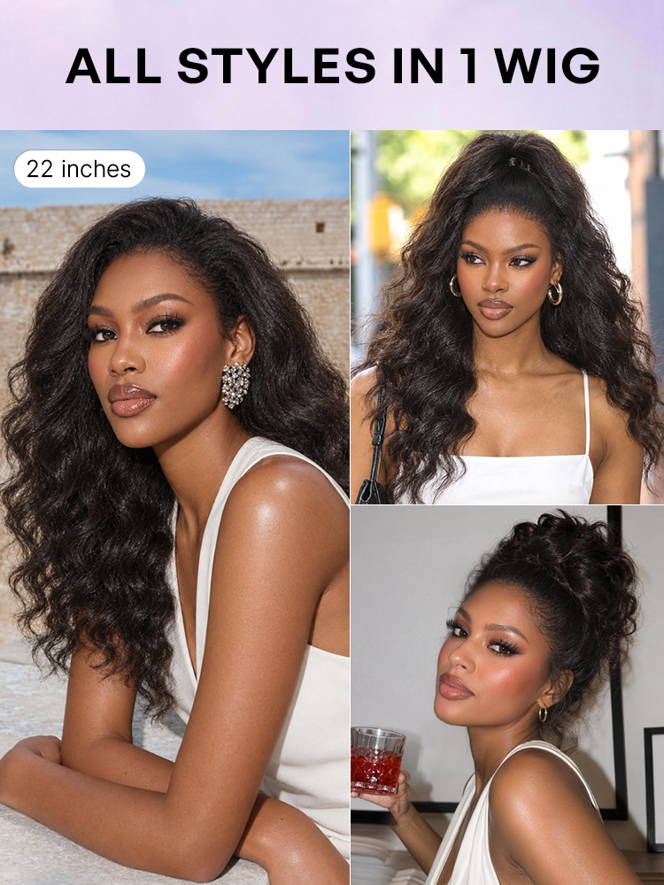 Luvme Hair fluffy full 200% density kinky body wave half wig with drawstring, flexible fit, and glueless design.