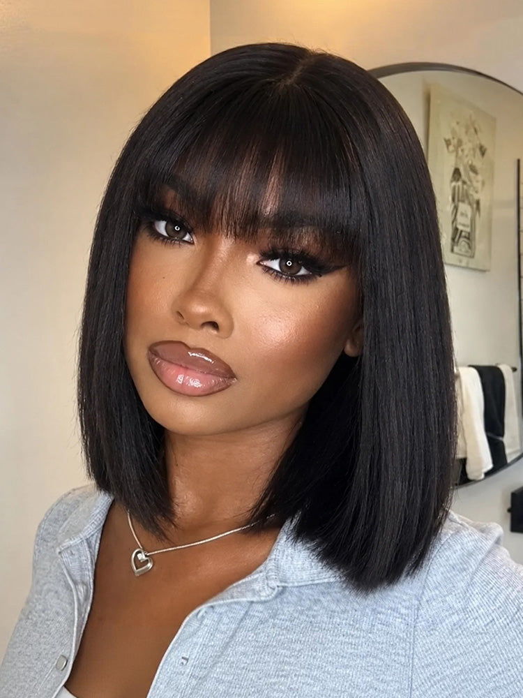 Luvme realistic glueless Yaki straight bob wig with bangs, minimalist lace and 100% human hair