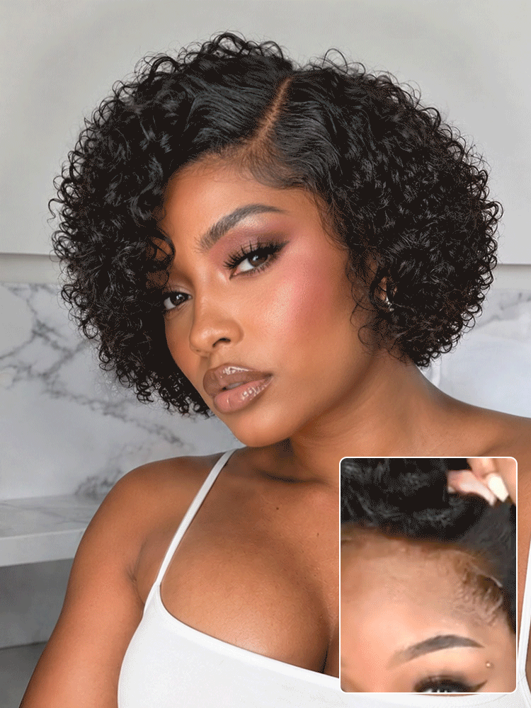 Luvme short curly side part wig with HD lace, glueless pre-cut lace, and 100% human hair