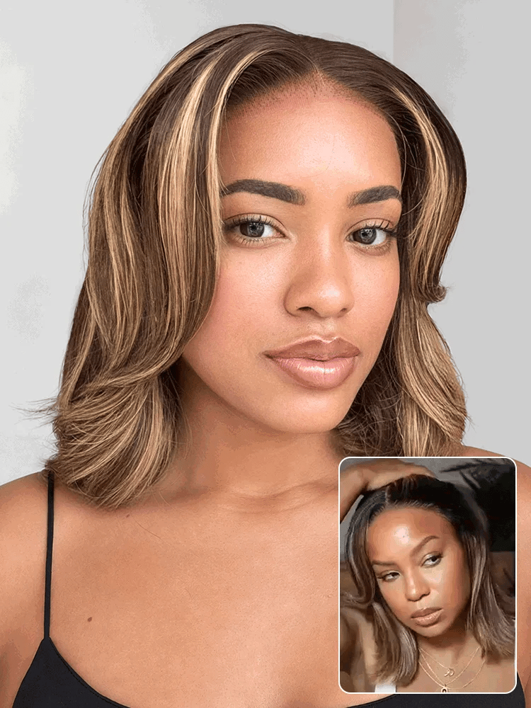 Blonde Highlight / Brown Highlight Short Layered Bob Wig Glueless 5x5 Closure Pre-Cut Lace Wig-74