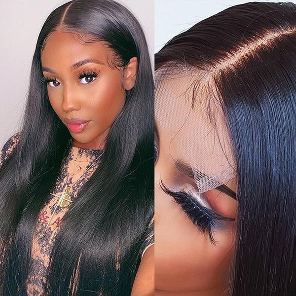 Luvme 5x5 lace glueless straight closure wig shown on a model, natural hairline, and sleek straight hair style.
