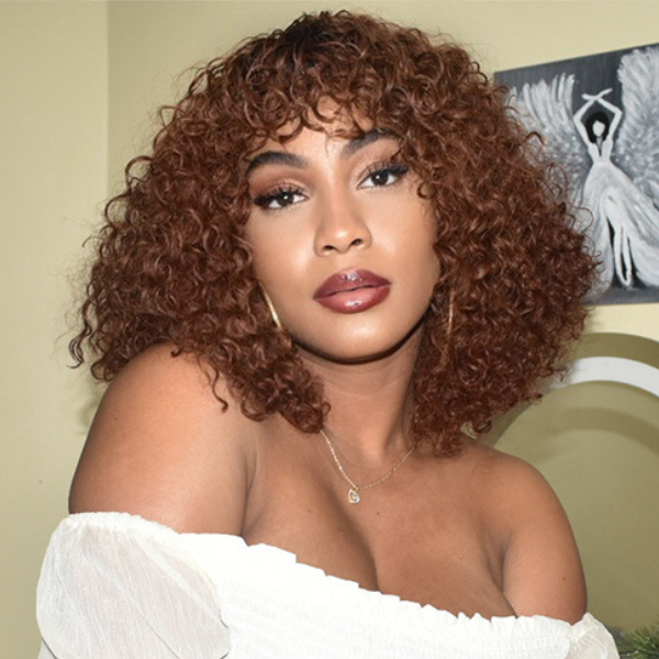 Luvme glueless ombre brown summer deep wave wig with cute bangs, 100% human hair, ready-to-wear throw-on-and-go style