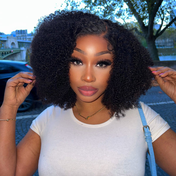 Afro Jerry Curly 5x5 Closure Lace Glueless Side Part Shoulder Length Wig 100% Human Hair - US Only-02
