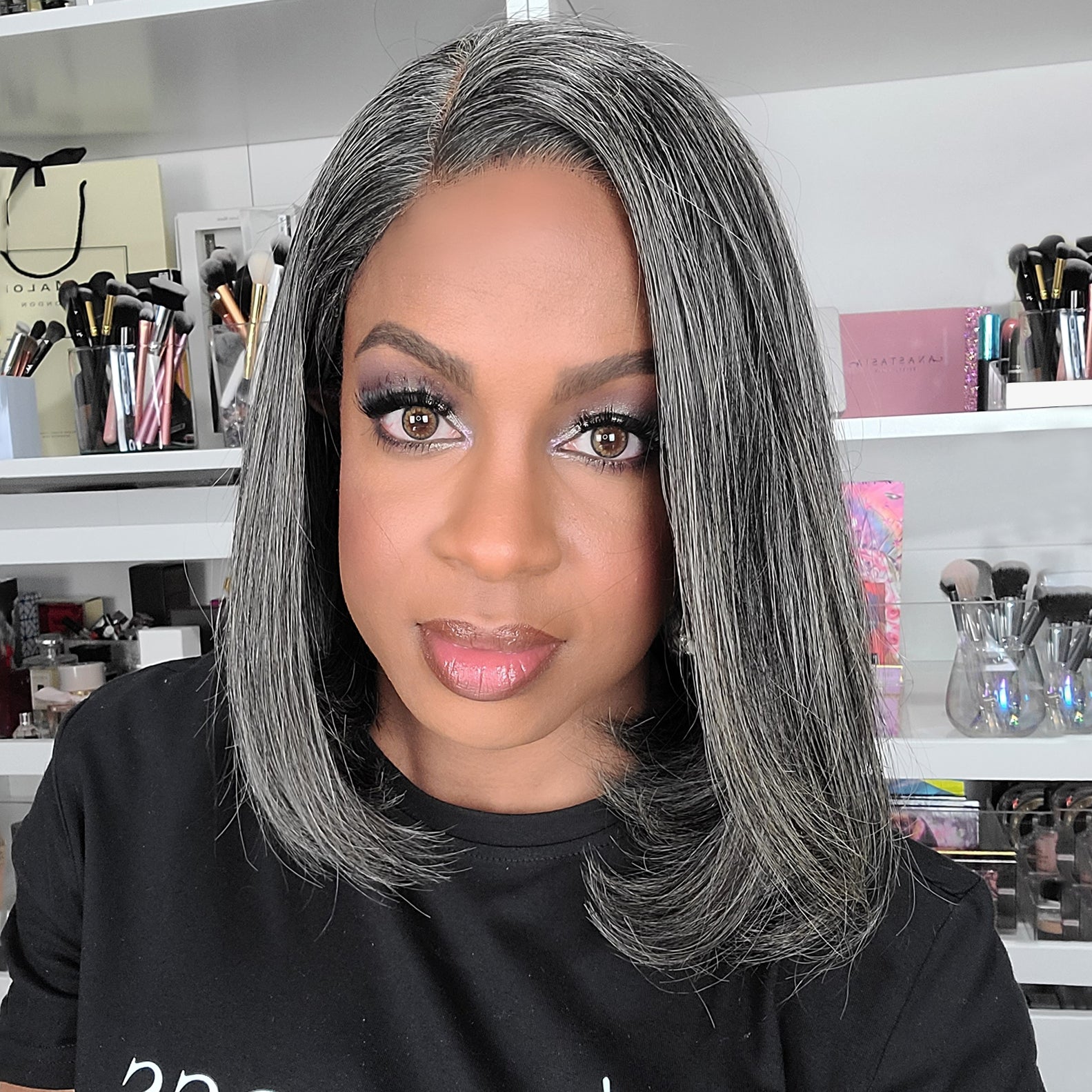 Luvme Salt & Pepper 4x4 Closure Bob Wig with natural hair texture and color, styled in a sleek, shoulder-length bob.