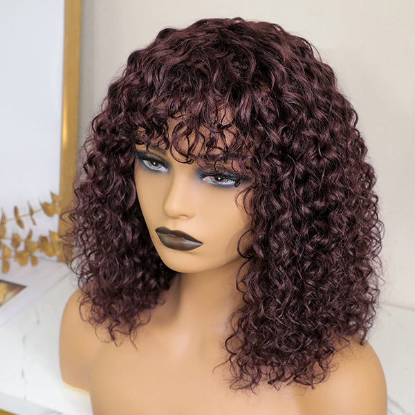 Spcial Deal | Throw On & Go Burgundy Water Wave No Lace Glueless Short Wig with Bangs - US ONLY-02