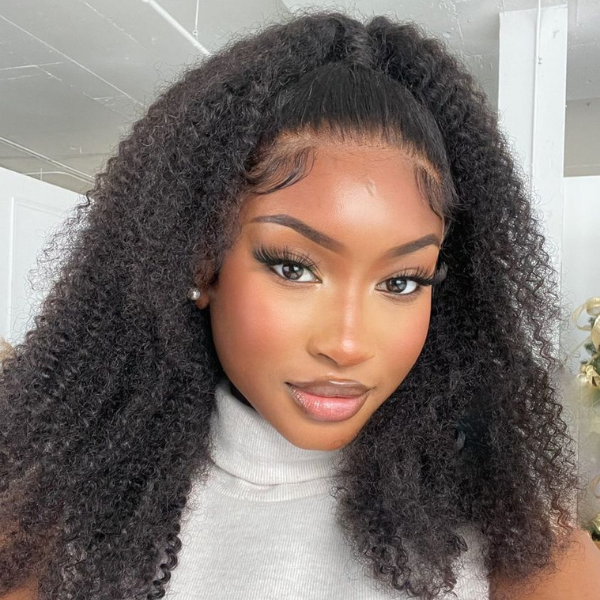 Luvme Afro Curly 13x4 HD lace frontal human hair wig with free part, long length, and natural curly texture.