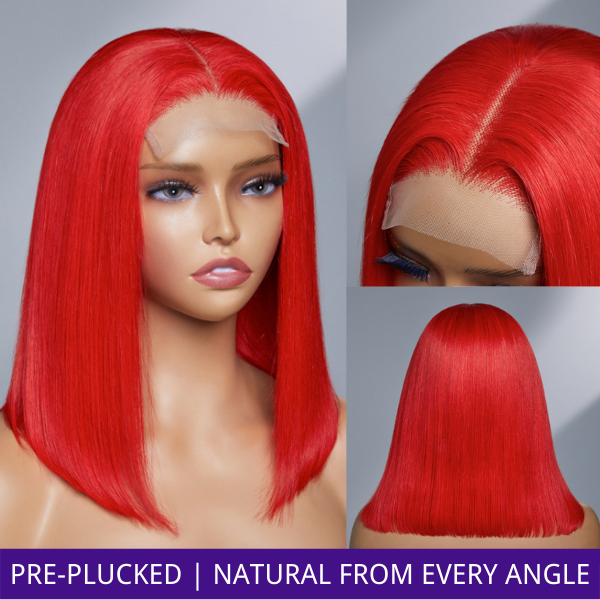 Luvme Fairycore red 4x4 closure bob wig made of 100% human hair, showcasing the vibrant red color and natural hair texture.